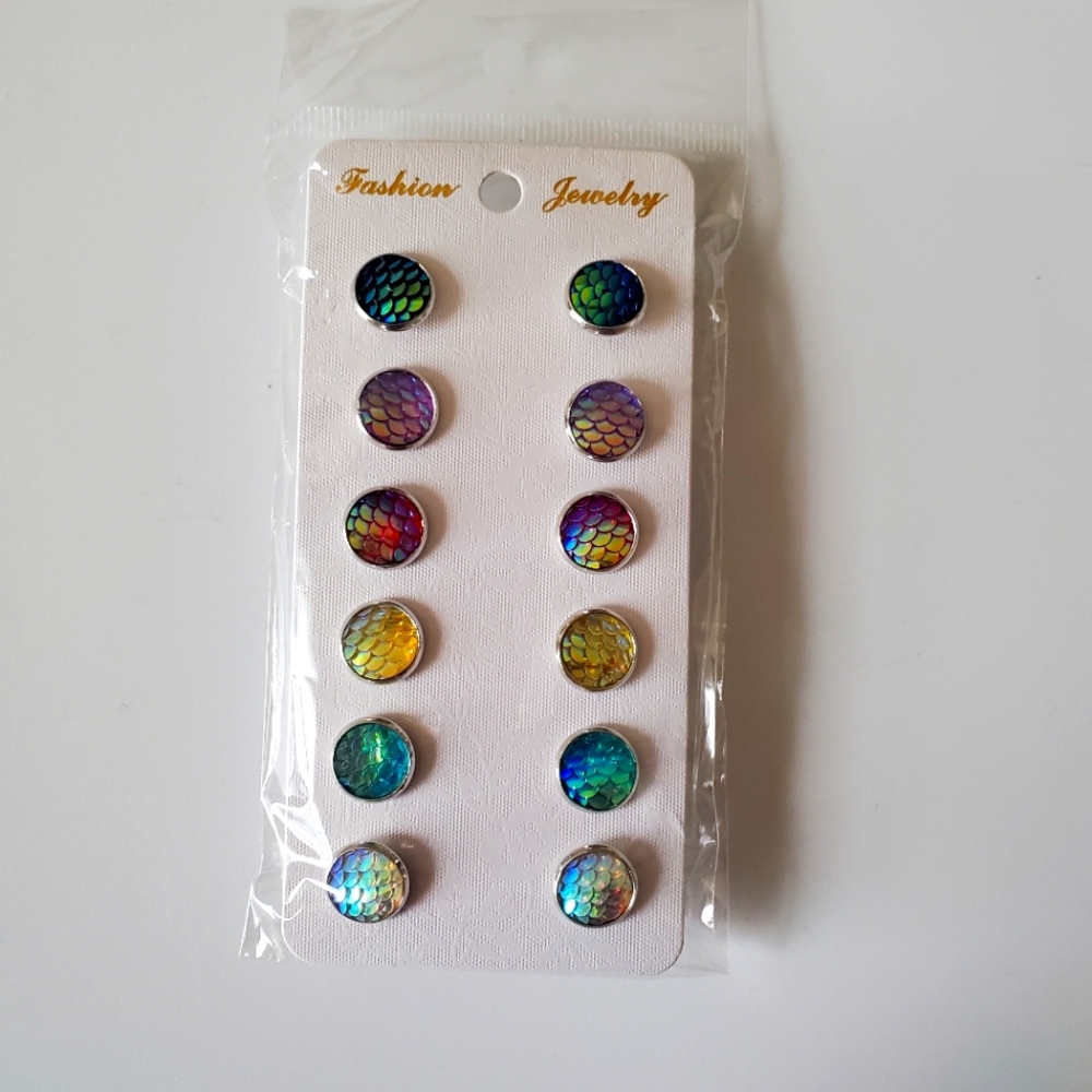 New Mermaid Scale Iridescent Earrings 6 Pairs Set